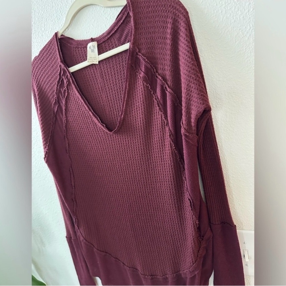 Free People V-Neck Waffle Top - Maroon - Picture 3 of 8